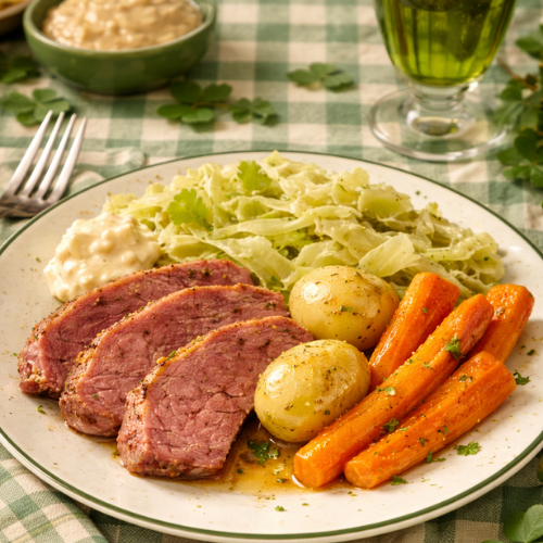 Corned beef and cabbage meal plated with vegetables and broth