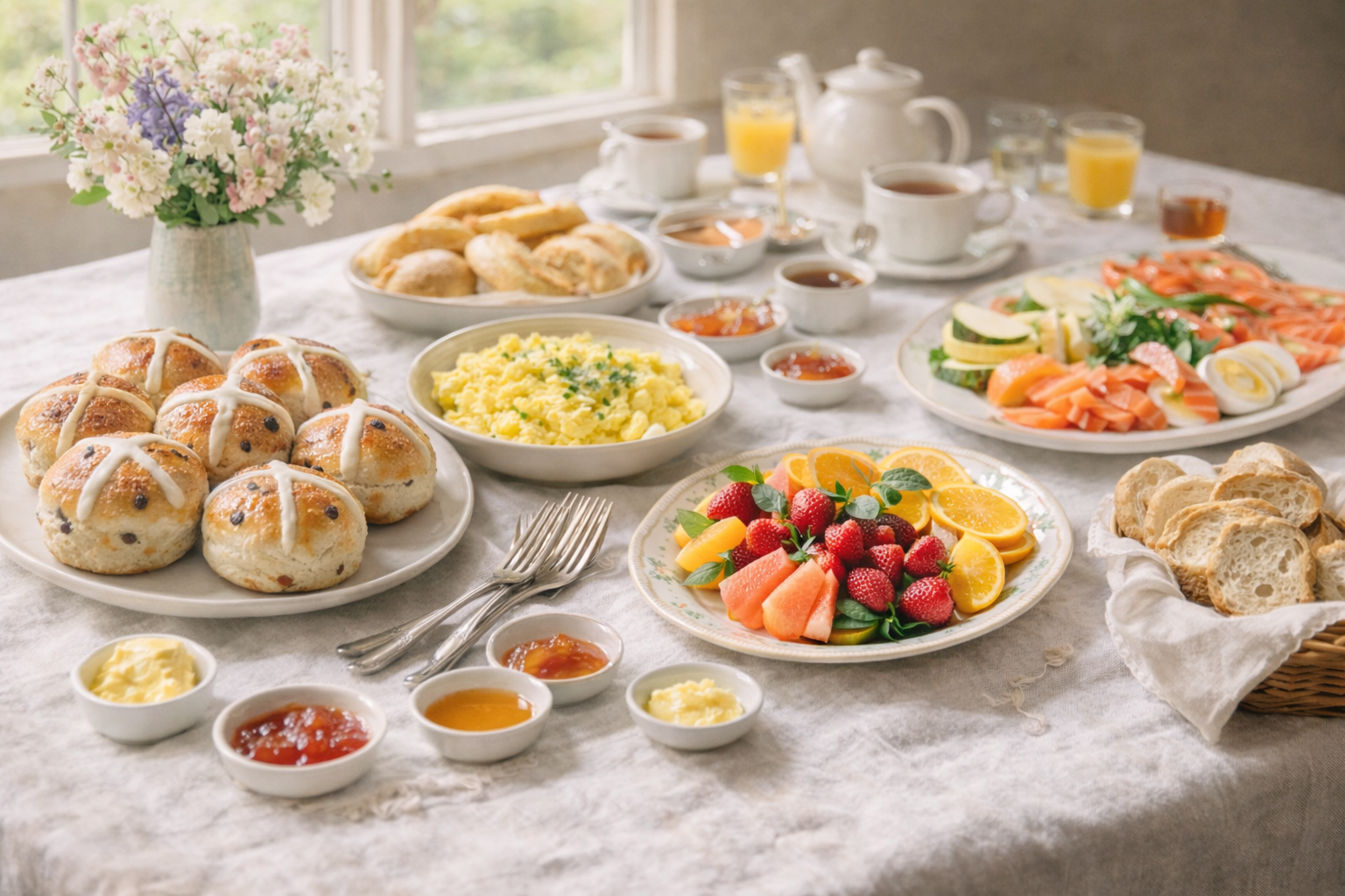 Sunny Easter Breakfast vintage table with fruit, eggs, and spring flowers