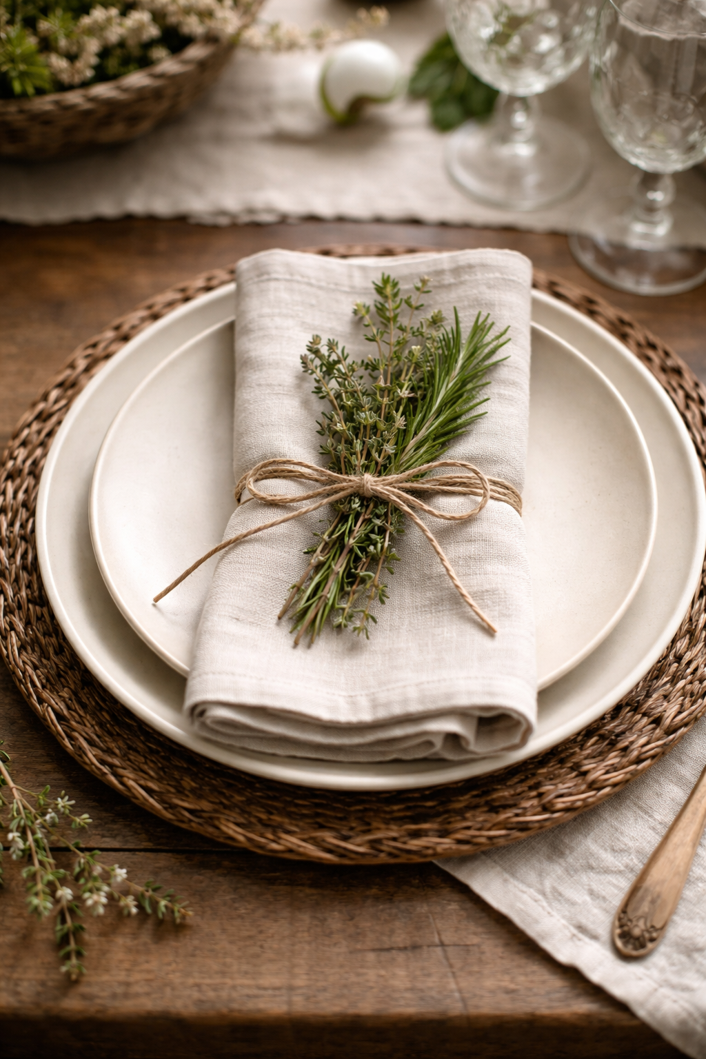 English garden Easter place setting with rattan charger, cream plate, linen napkin and herb bundle tied with twine