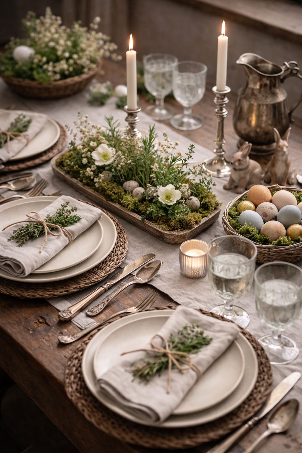 Full English garden Easter table setting with vintage silver, candlelight, natural eggs, woven chargers and herb-tied napkins