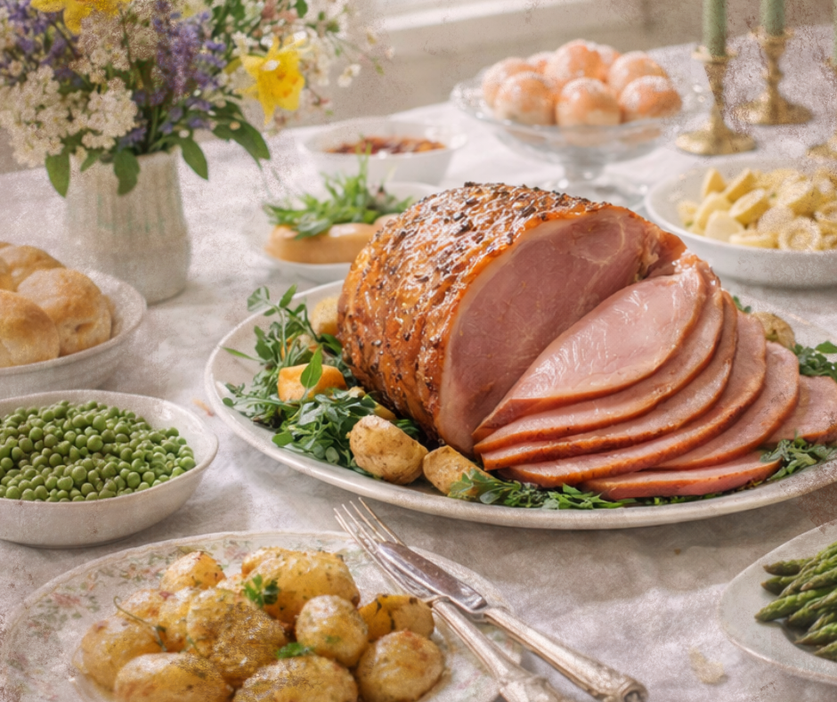 Vintage Easter dinner table with glazed ham, spring vegetables, and seasonal decor