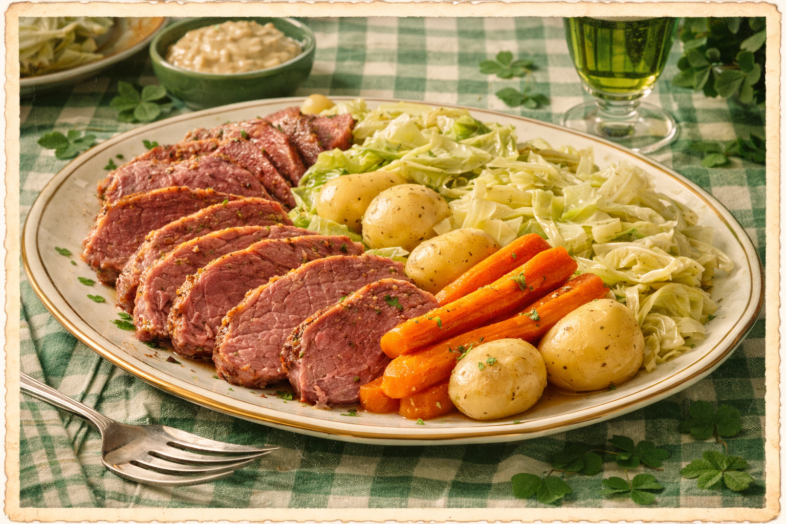 Stovetop corned beef and cabbage served with potatoes, carrots, parsley, and warm broth